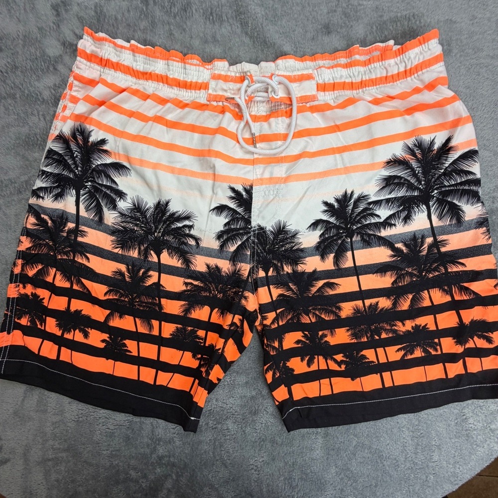 Kailua Surf Mens 3X Swim Trunks Orange White Striped Palm Tree Tropical Sunset‎